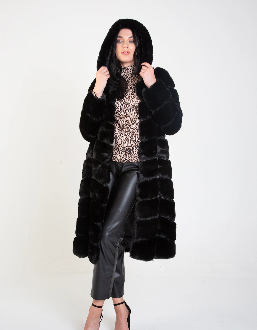 Black Panelled Hooded Longline Fur Coat, 5 of 4