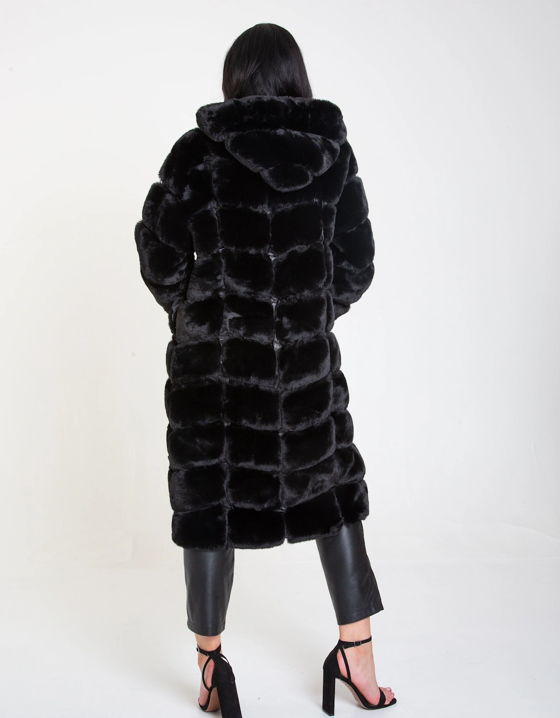 Black Panelled Hooded Longline Fur Coat