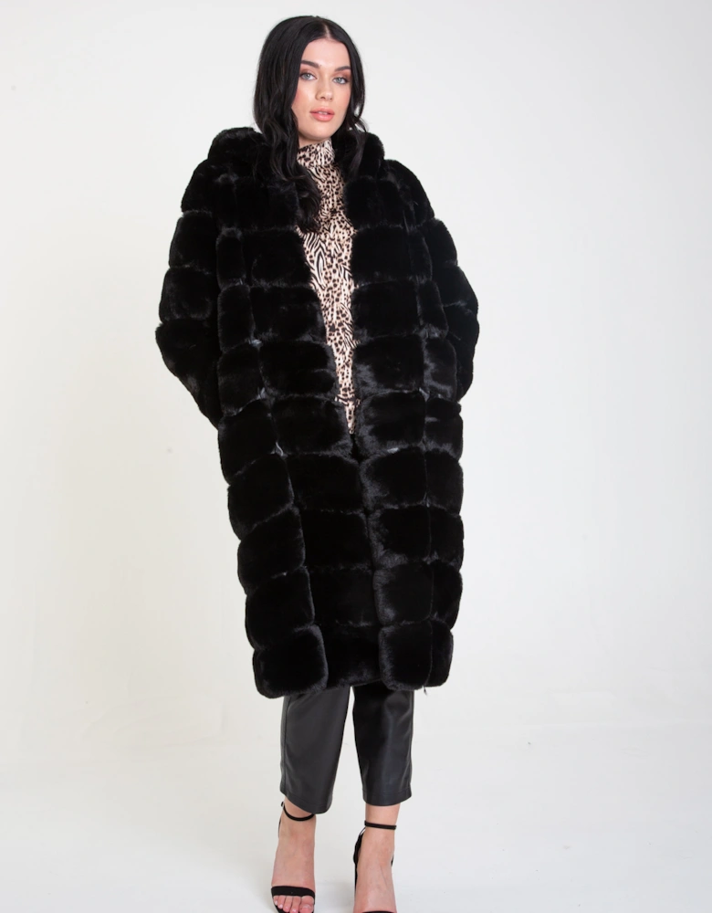 Black Panelled Hooded Longline Fur Coat