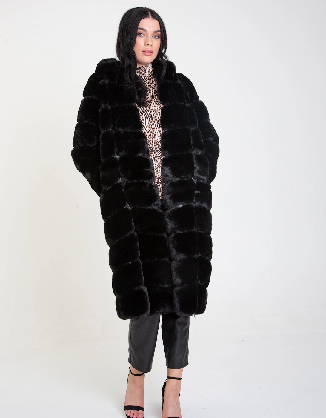 Black Panelled Hooded Longline Fur Coat