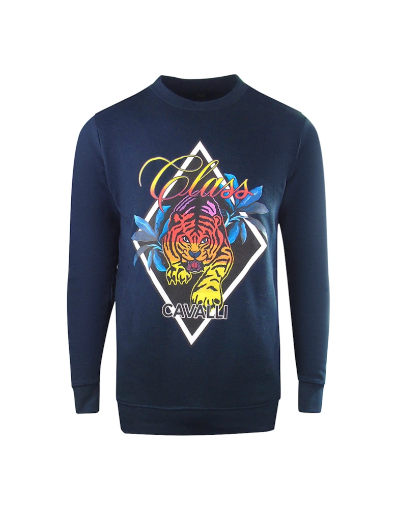 Cavalli Class Diamond Tiger Design Navy Blue Sweatshirt