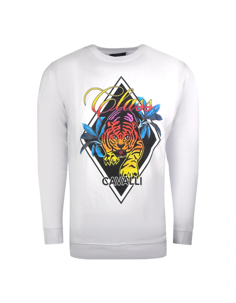 Cavalli Class Diamond Tiger Design White Sweatshirt