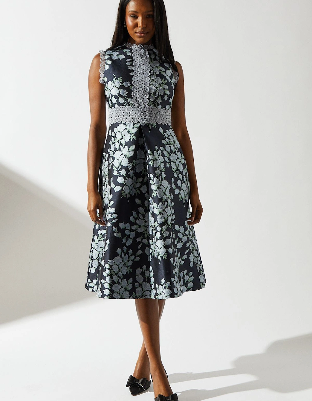 Jacquard Lace Trim Sleeveless Skater Dress, 2 of 1