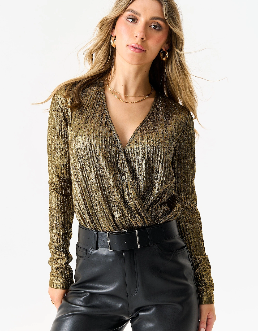 Golden Metallic Plisse Wrap Front Bodysuit, 5 of 4