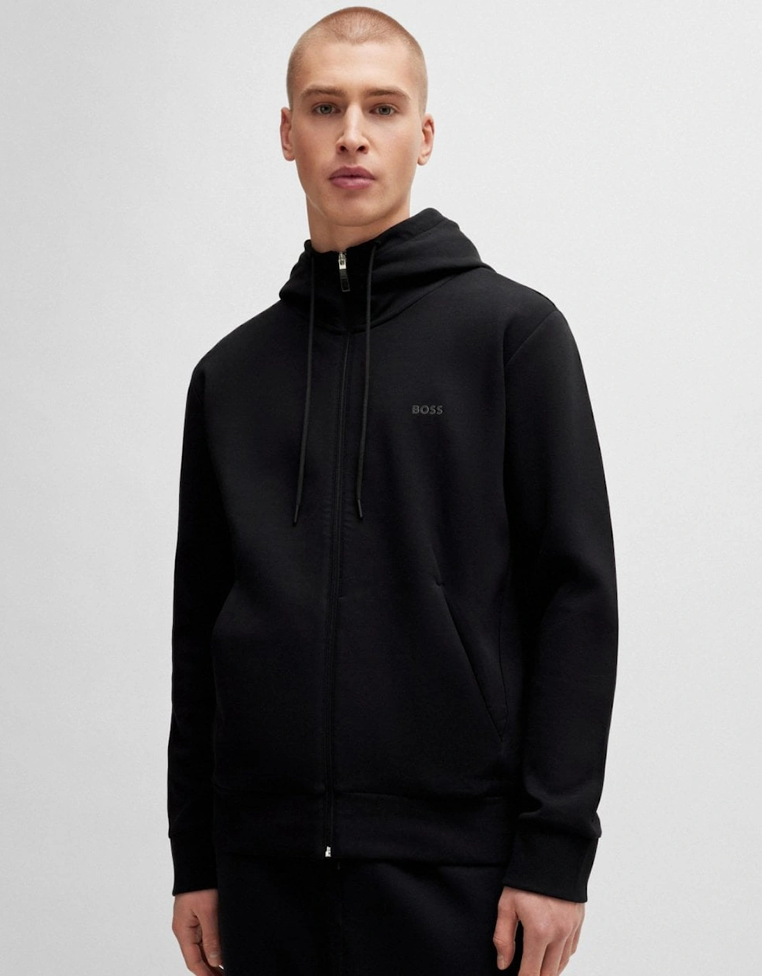 BOSS Green Saggy Mens Stretch Cotton Zip-Up Hoodie with Logo Print NOS - Black 001, 5 of 4