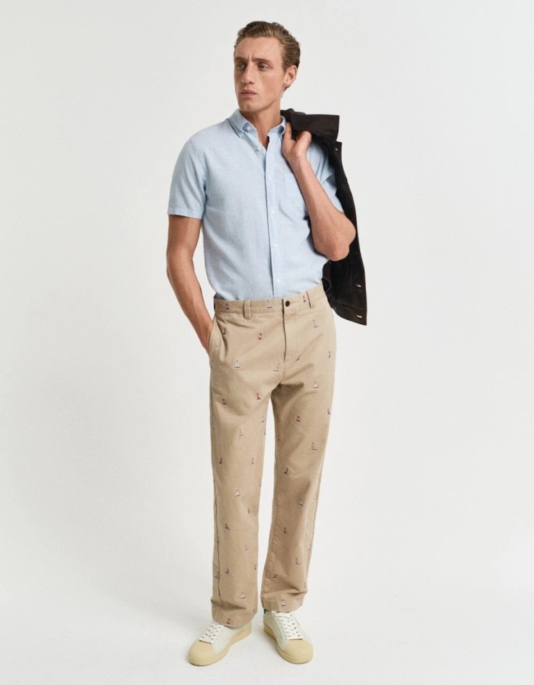 Mens Regular Fit Cotton Linen Short Sleeve Shirt with Embroidered Shield - 457 Fresh Blue