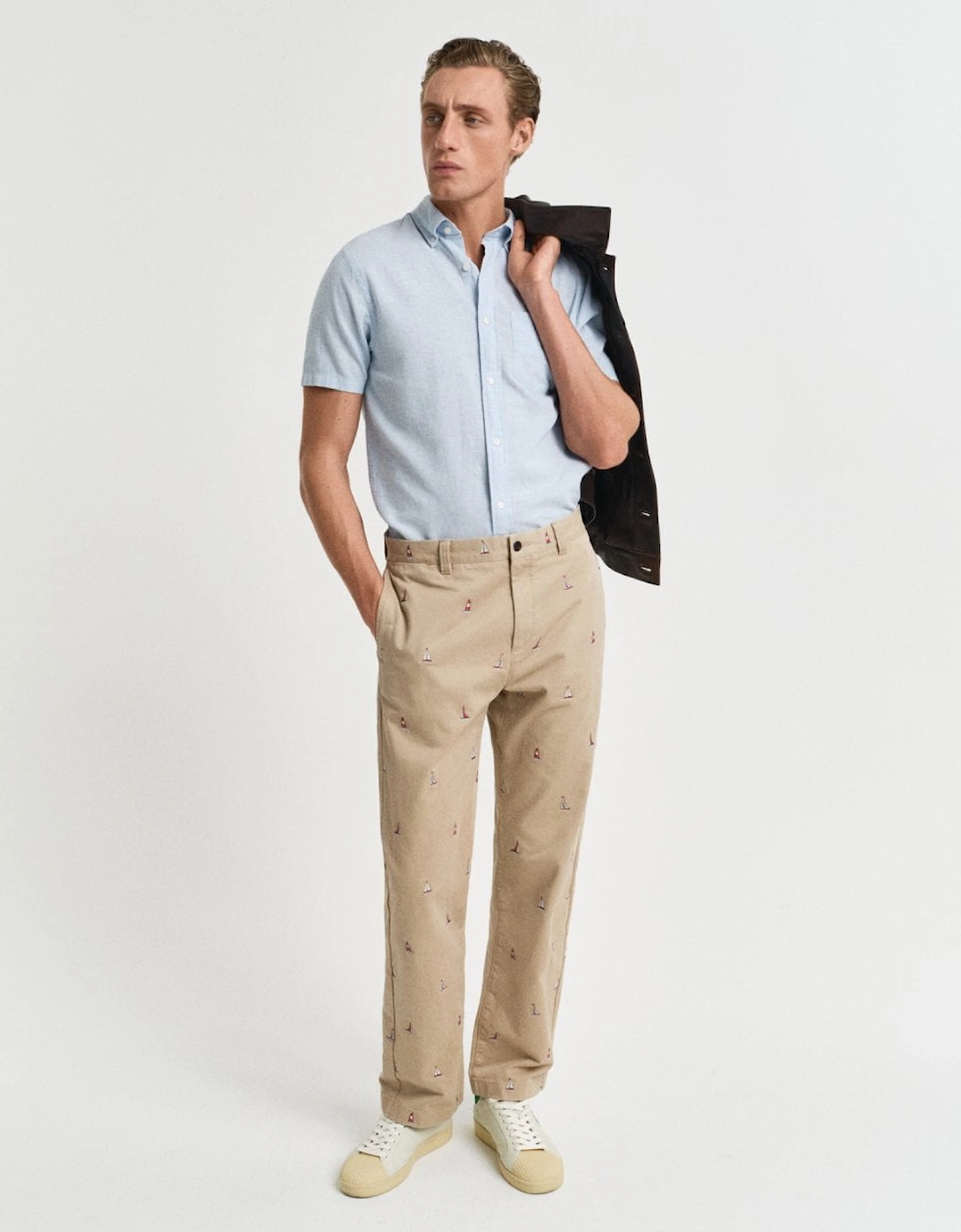 Mens Regular Fit Cotton Linen Short Sleeve Shirt with Embroidered Shield - 457 Fresh Blue