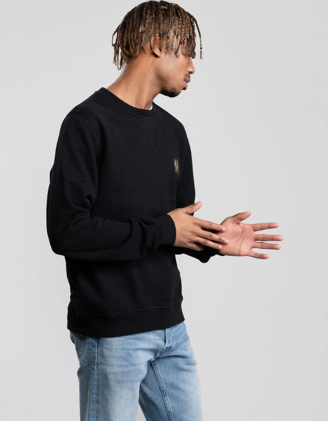 Mens Crew Neck Sweatshirt With Logo Patch - Black