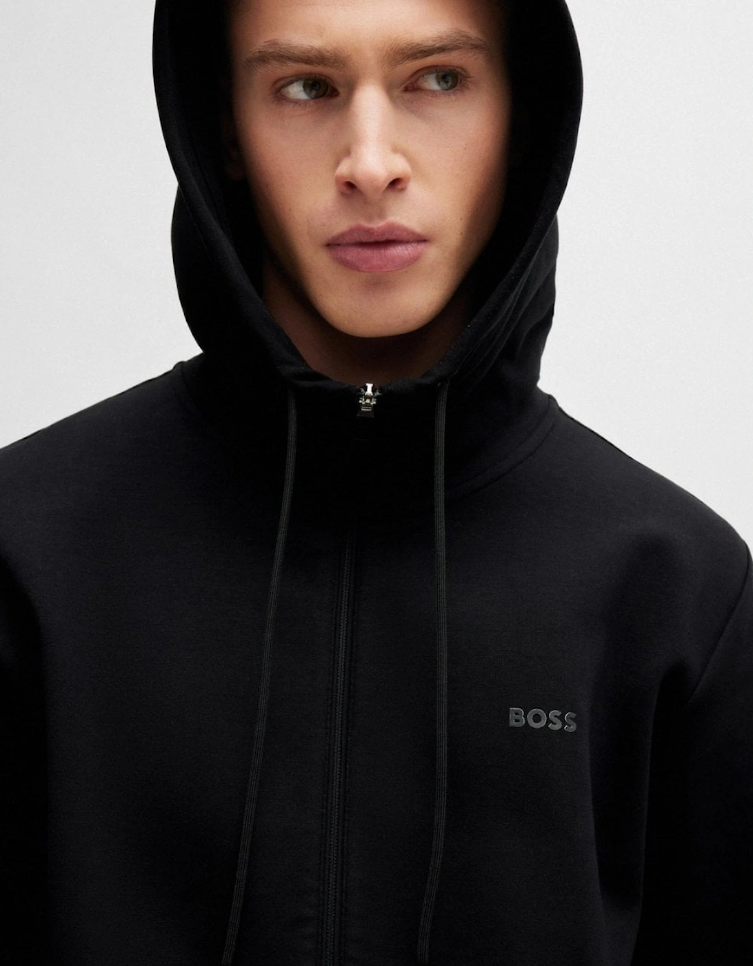 BOSS Green Saggy Mens Stretch Cotton Zip-Up Hoodie with Logo Print NOS - Black 001