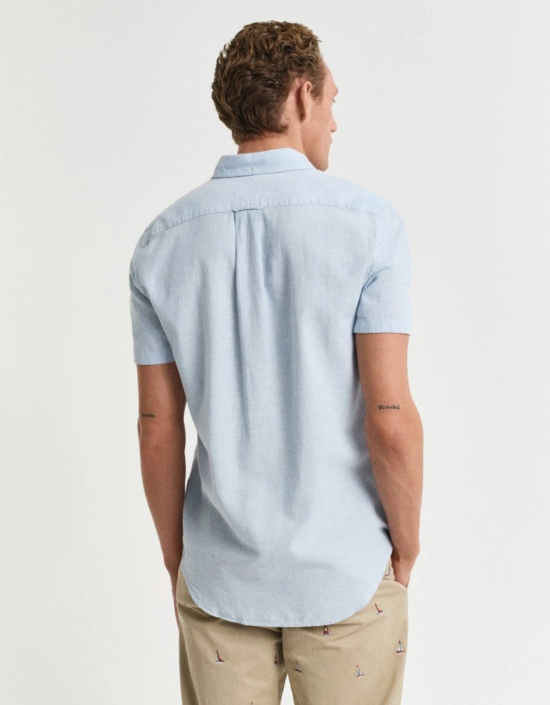 Mens Regular Fit Cotton Linen Short Sleeve Shirt with Embroidered Shield - 457 Fresh Blue