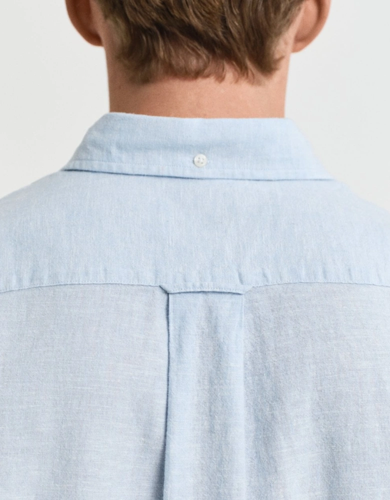 Mens Regular Fit Cotton Linen Short Sleeve Shirt with Embroidered Shield - 457 Fresh Blue