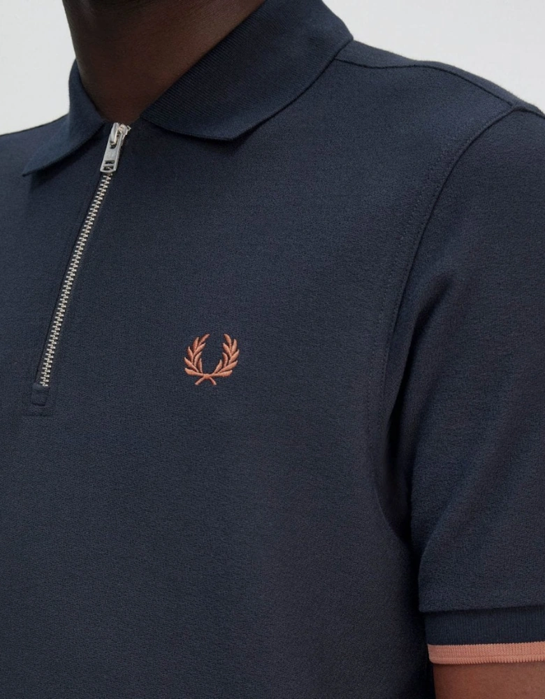 Mens Crepe Pique Zip Neck Polo Shirt - Navy 608