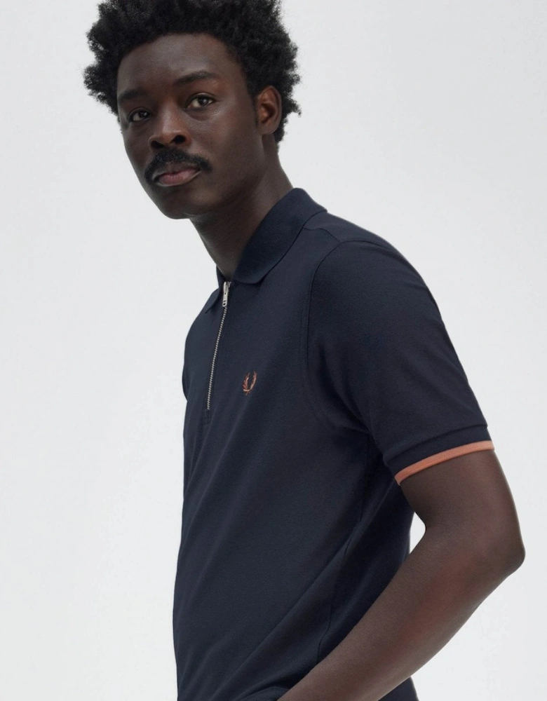 Mens Crepe Pique Zip Neck Polo Shirt - Navy 608
