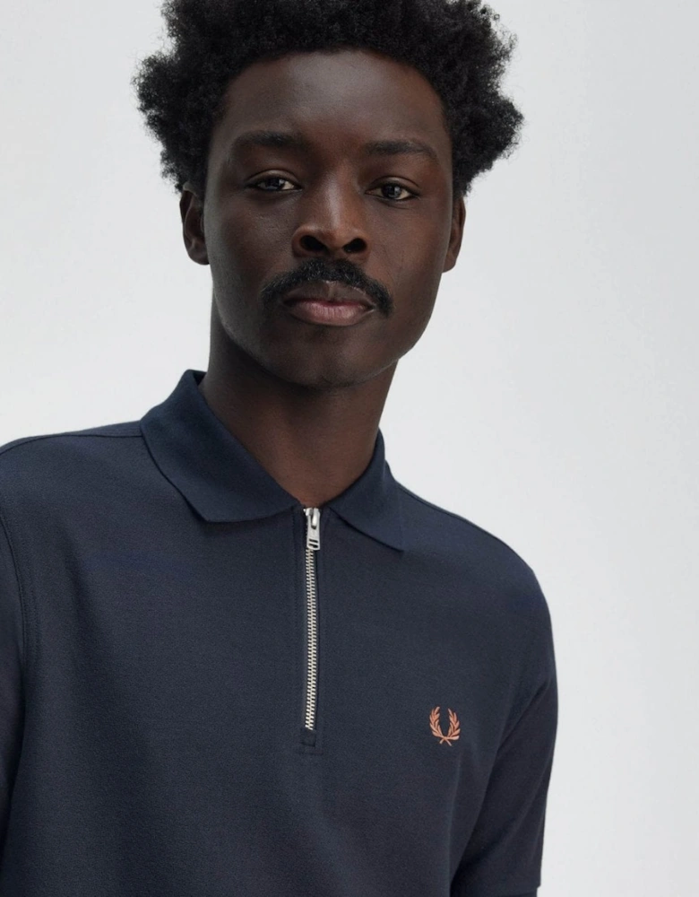 Mens Crepe Pique Zip Neck Polo Shirt - Navy 608