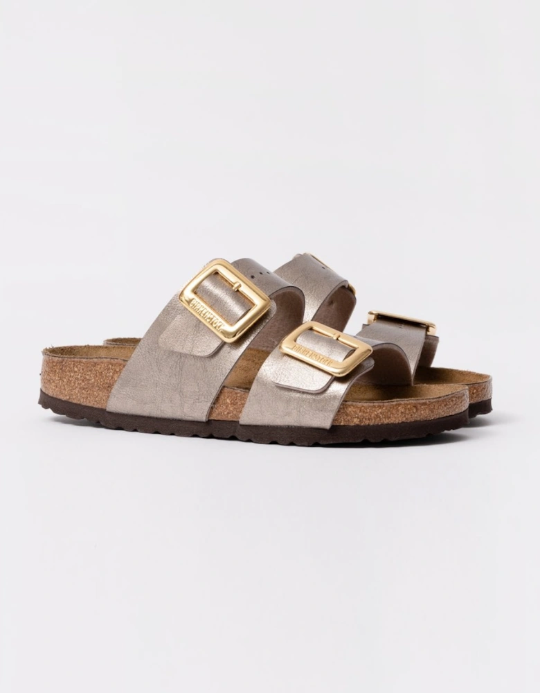 Sydney Cushion Big Buckle Womens Birko-Flor Patent Sandals - Graceful Taupe
