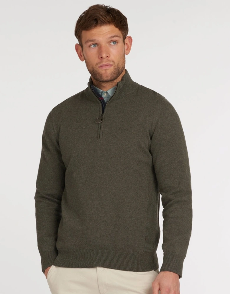 Cotton Mens Half Zip Jumper - Olive Marl