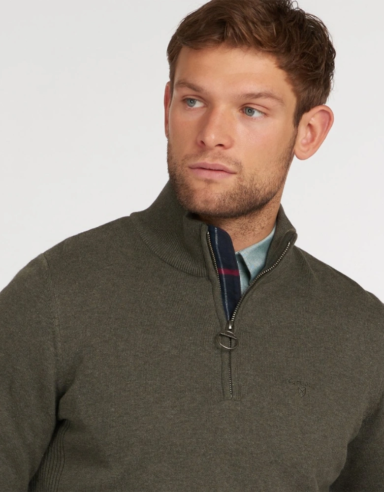 Cotton Mens Half Zip Jumper - Olive Marl
