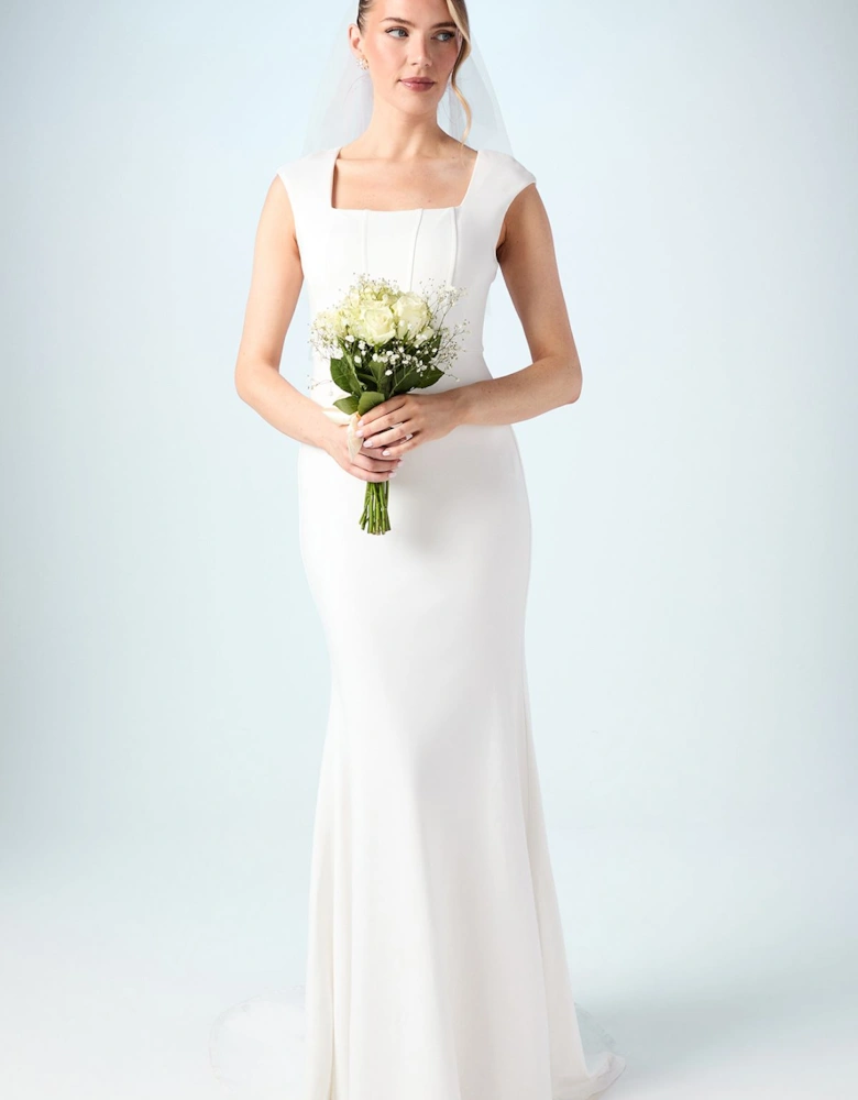 Square Neck Ponte Fishtail Wedding Dress With Puddle