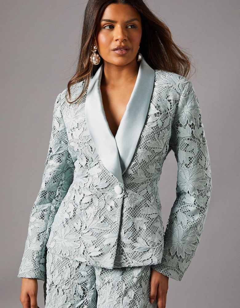 Petite Lace Double Breasted Blazer With Satin Lapel