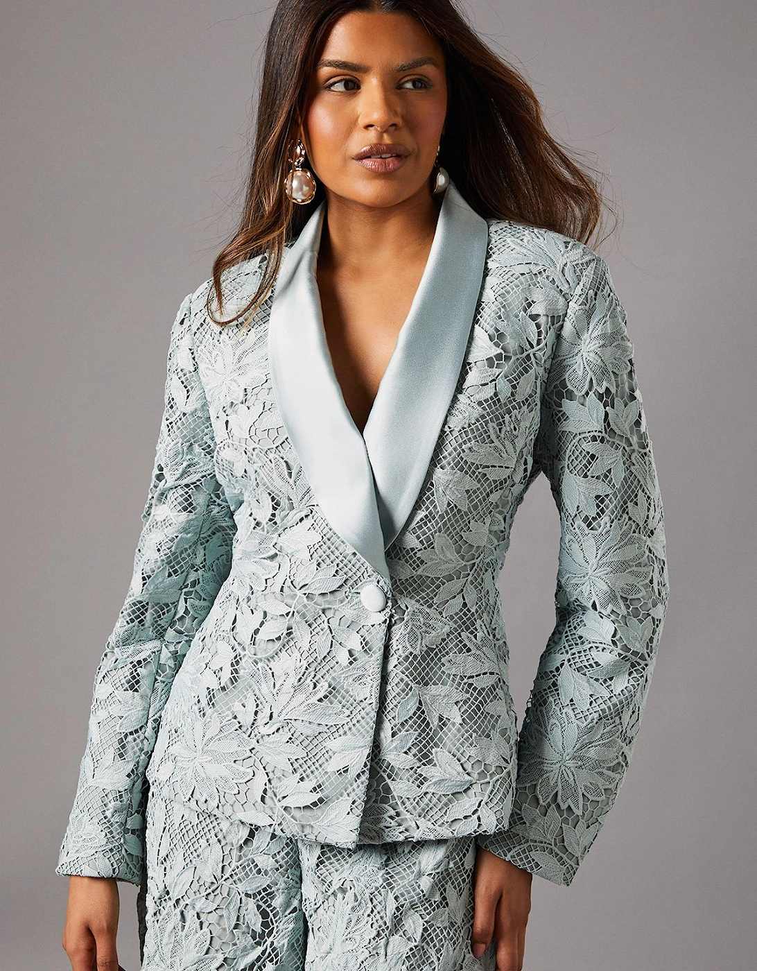 Petite Lace Double Breasted Blazer With Satin Lapel, 2 of 1