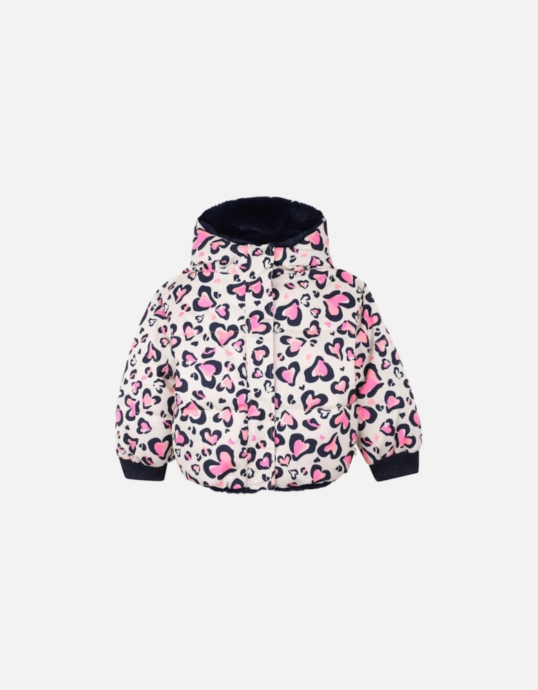 Girls Pink Heart Reversible Puffer Coat