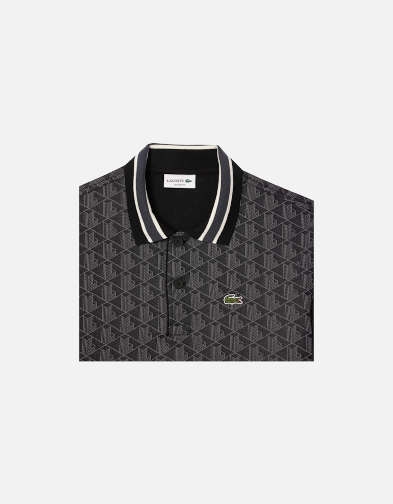 Men's Black Monogram Jacquard Short Sleeved Polo Shirt