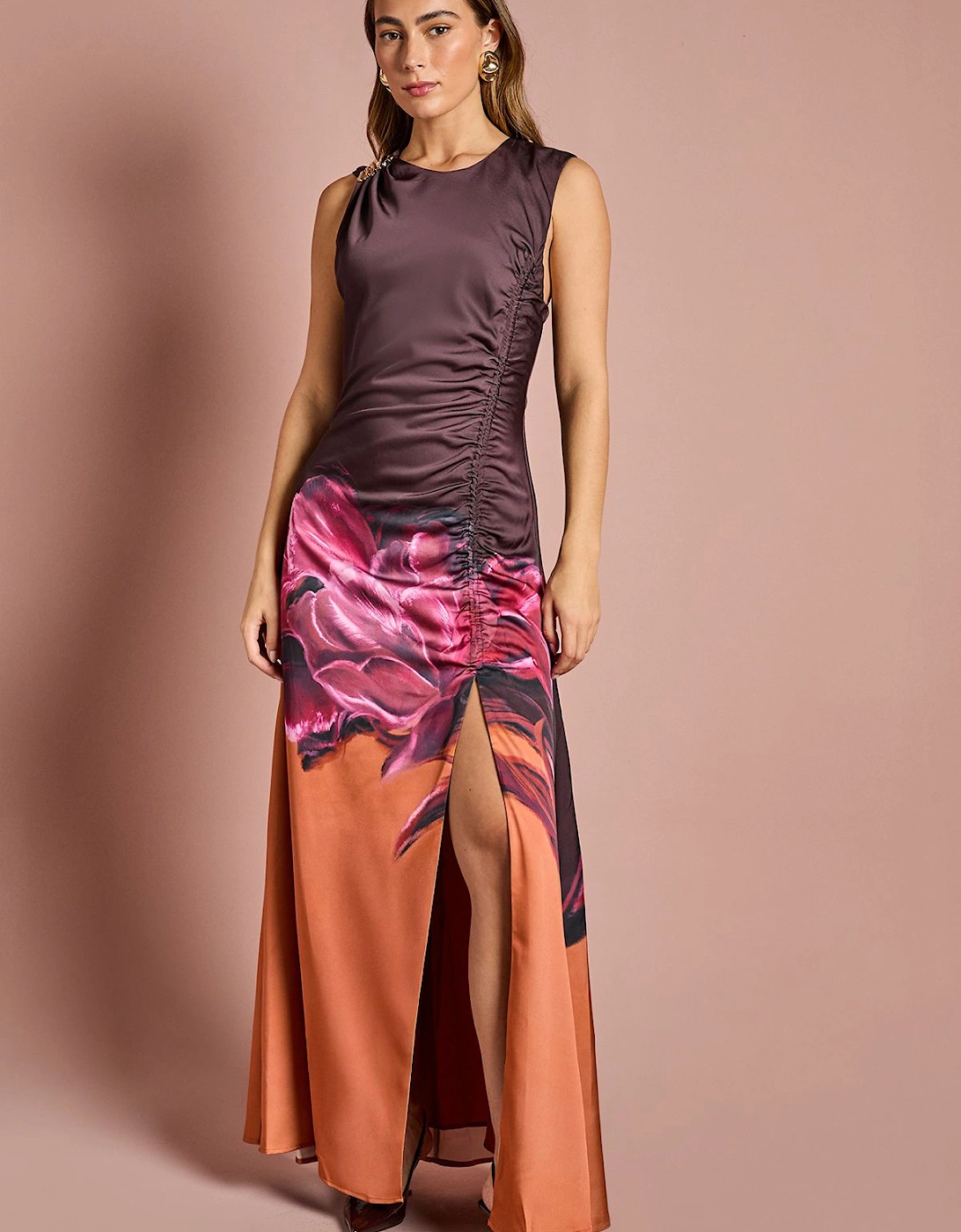 Ruched Detail Placement Print Satin Midi Dress, 2 of 1