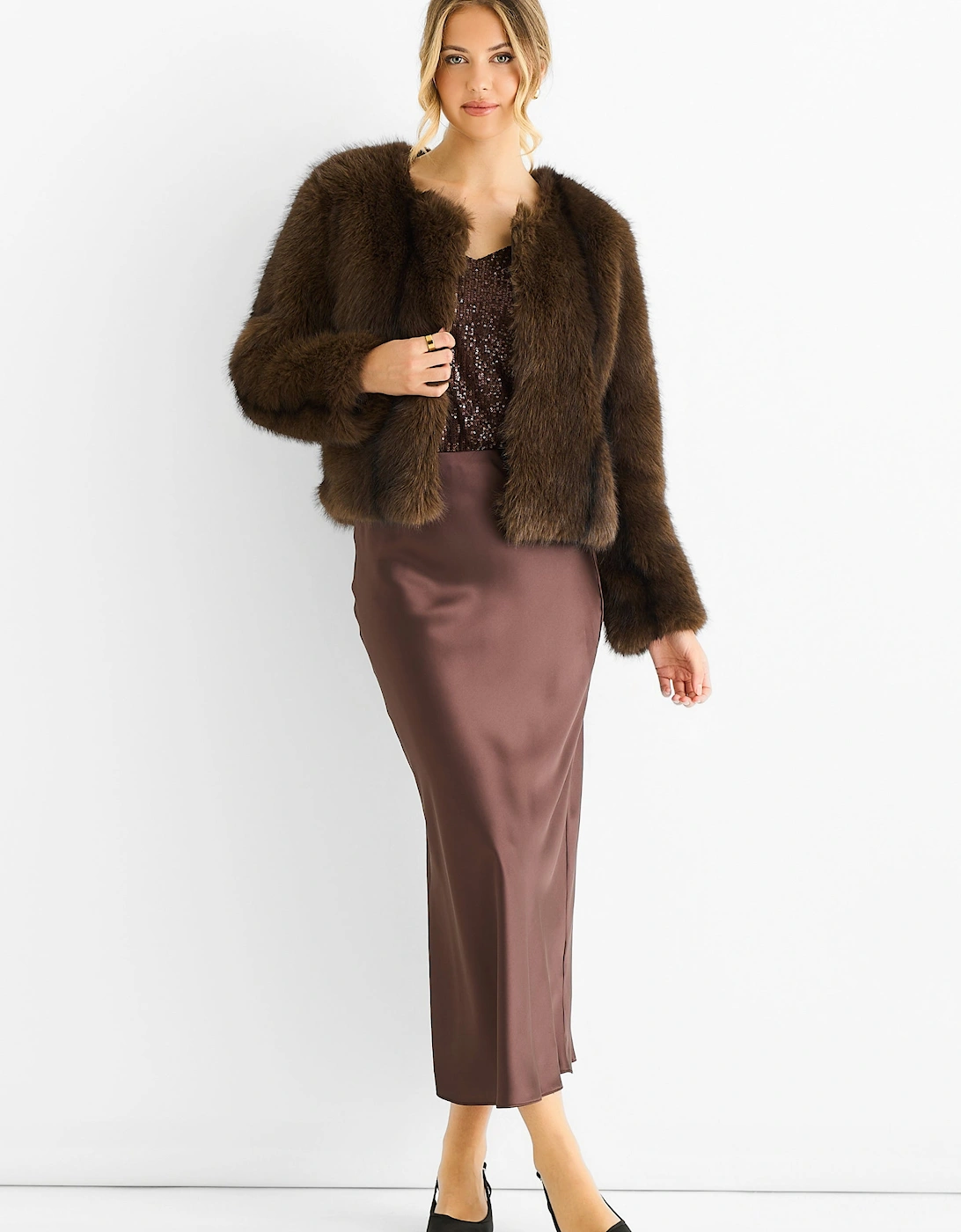 Coffee Round Neck Faux Fur Cropped Jacket
