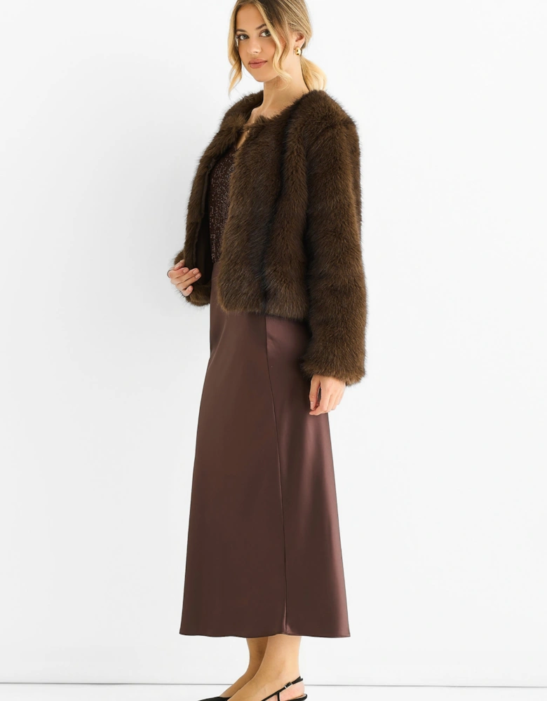 Coffee Round Neck Faux Fur Cropped Jacket