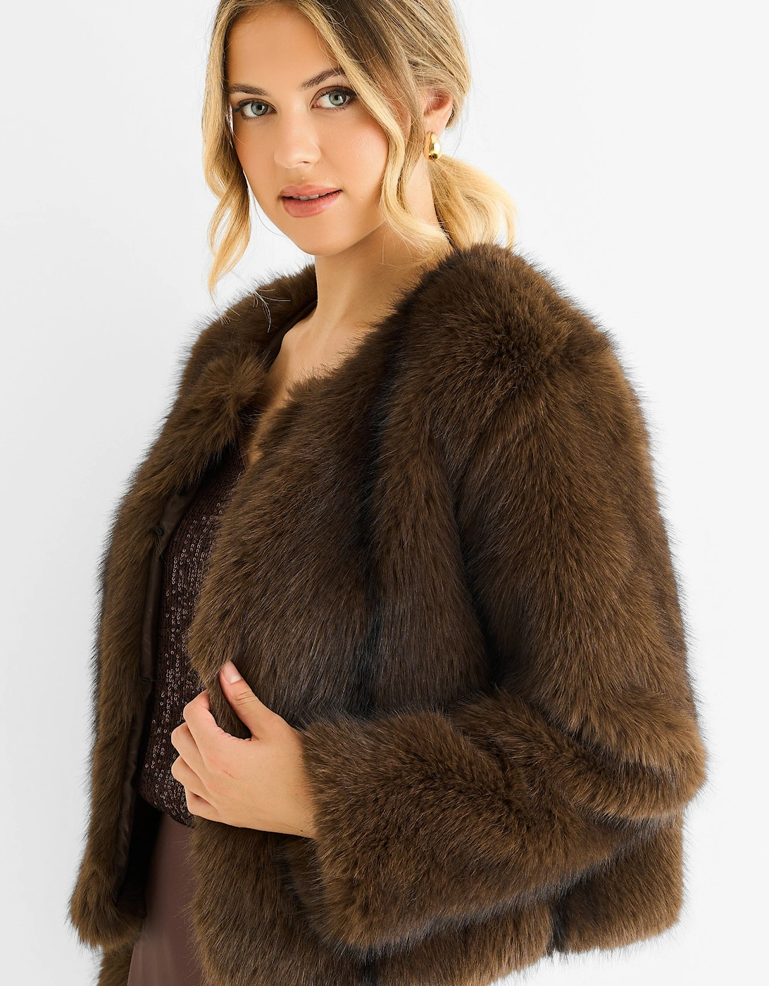 Coffee Round Neck Faux Fur Cropped Jacket, 5 of 4