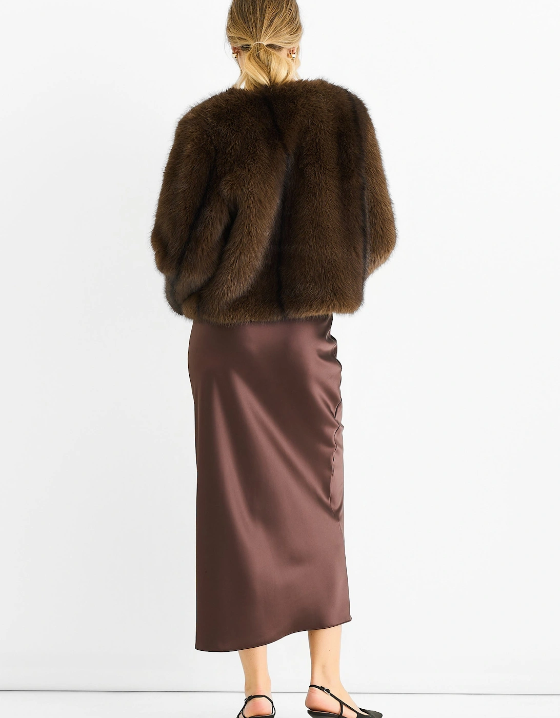 Coffee Round Neck Faux Fur Cropped Jacket