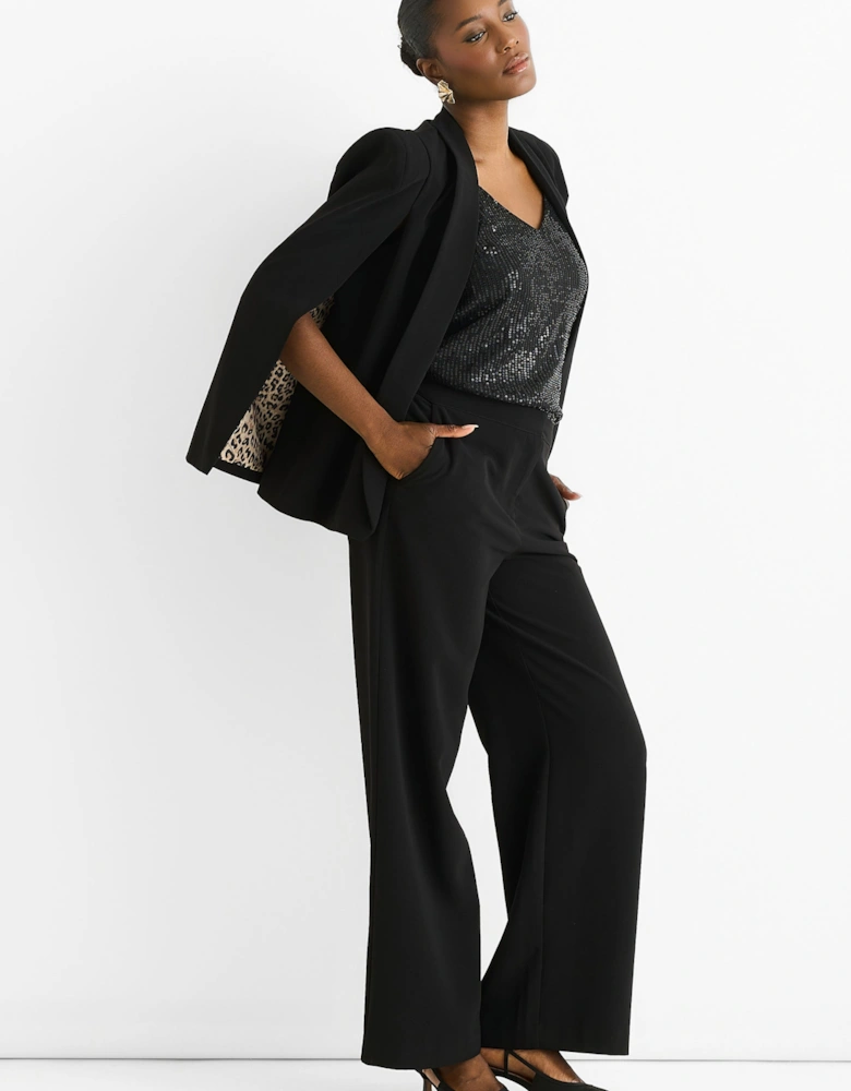Black Tailoring Cape with Leopard Print Lining