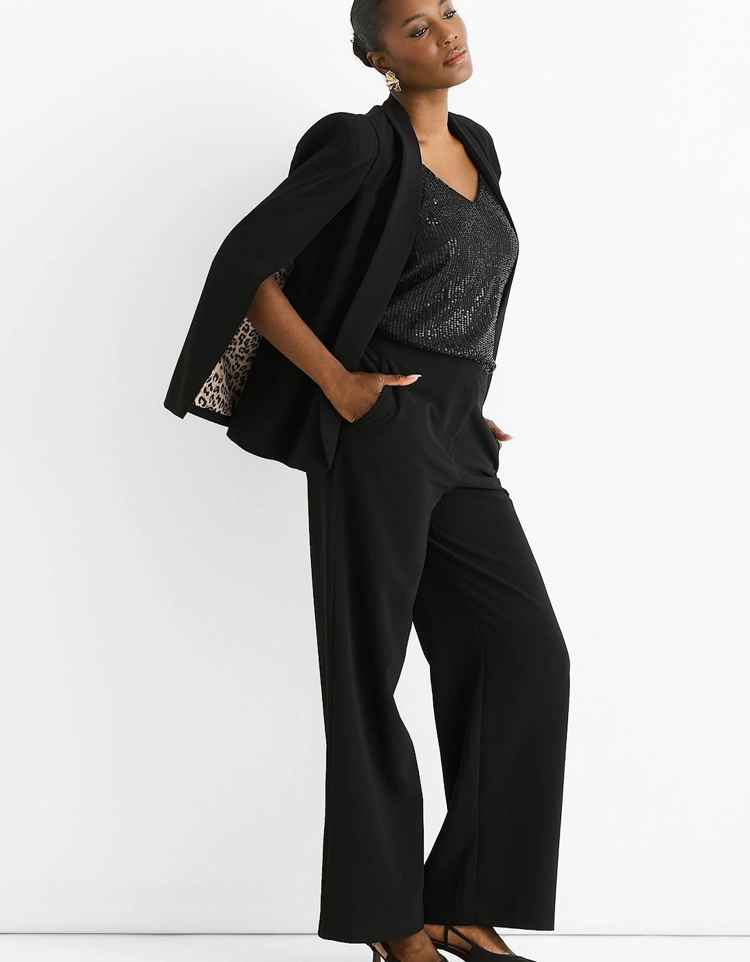 Black Tailoring Cape with Leopard Print Lining