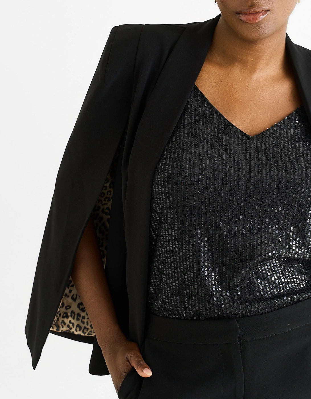 Black Tailoring Cape with Leopard Print Lining