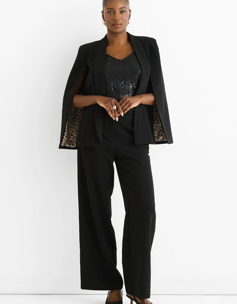 Black Tailoring Cape with Leopard Print Lining