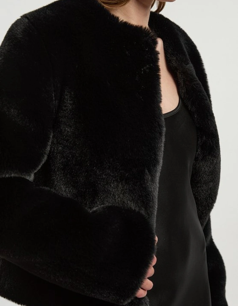 Collarless Faux Fur Jacket