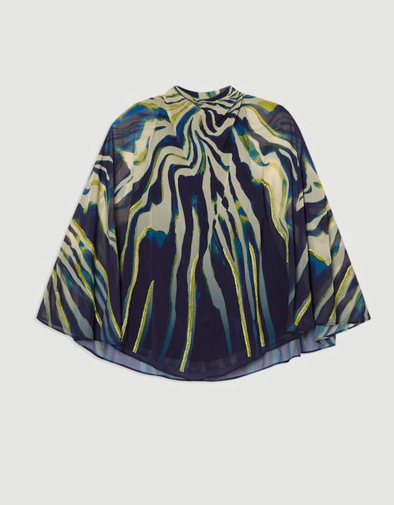 Animal Print Georgette Embellished Woven High Neck Cape Blouse