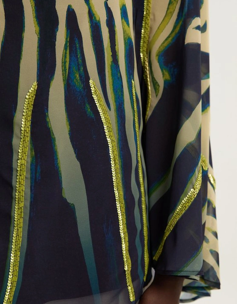 Animal Print Georgette Embellished Woven High Neck Cape Blouse