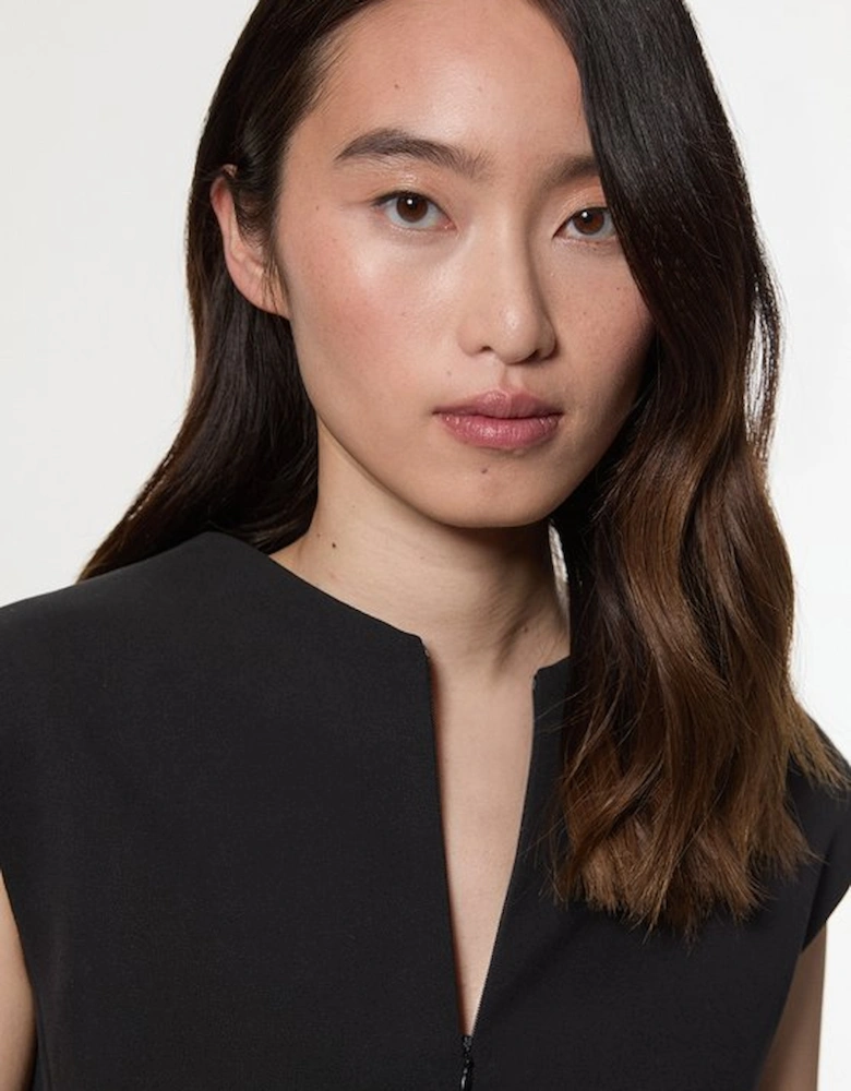Compact Stretch Zip Through Tailored Pencil Midi Dress