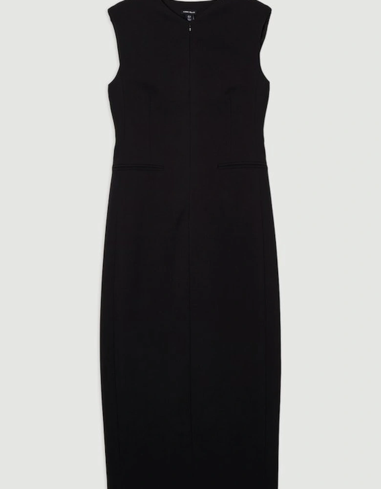 Compact Stretch Zip Through Tailored Pencil Midi Dress
