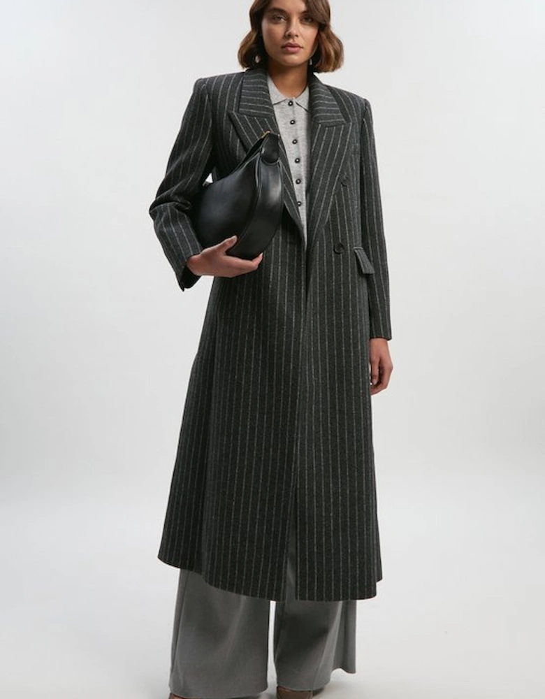Petite Brushed Wool Pinstripe Oversized Double Breasted Tailored Maxi Coat