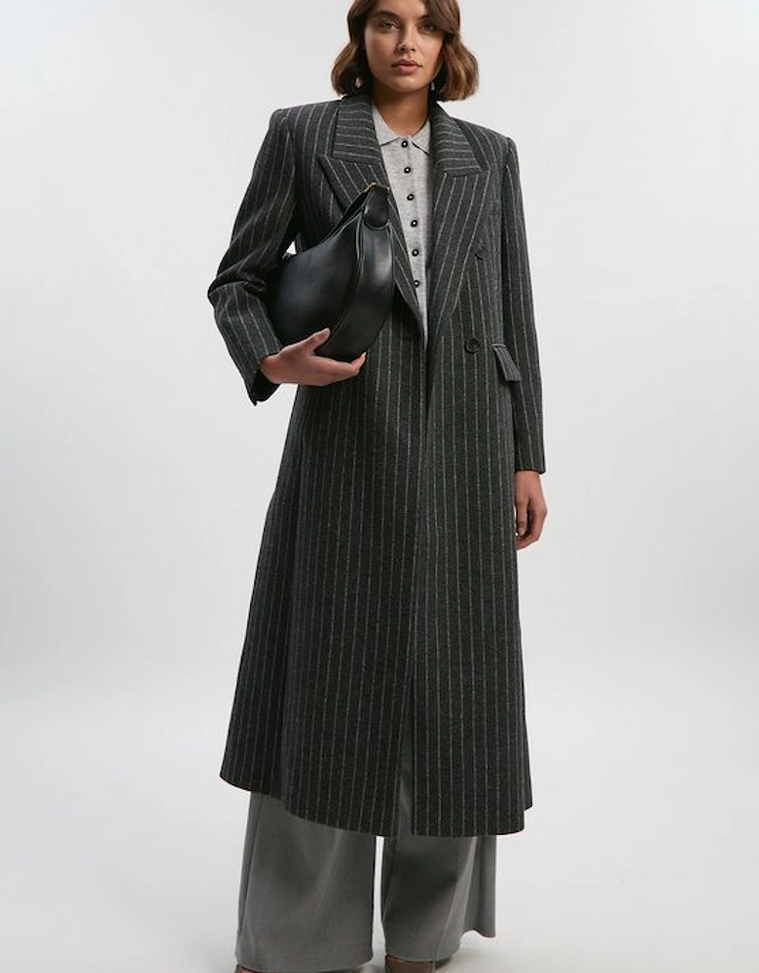 Petite Brushed Wool Pinstripe Oversized Double Breasted Tailored Maxi Coat, 4 of 3