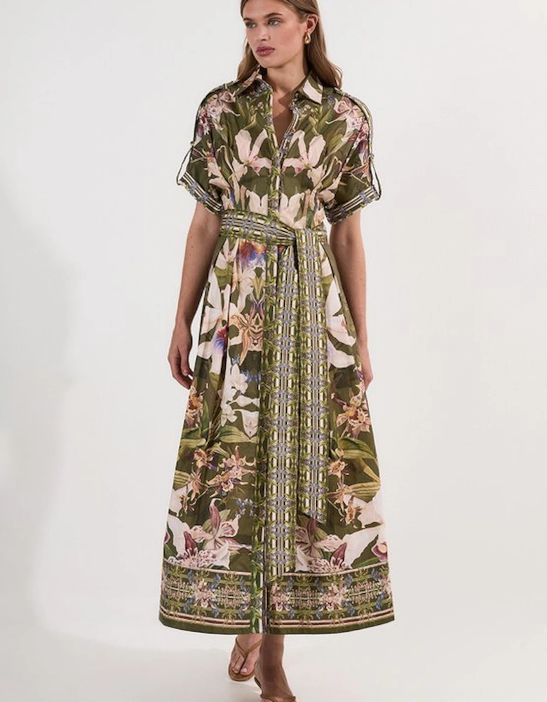 Cotton Sateen Floral Woven Belted Maxi Shirt Dress