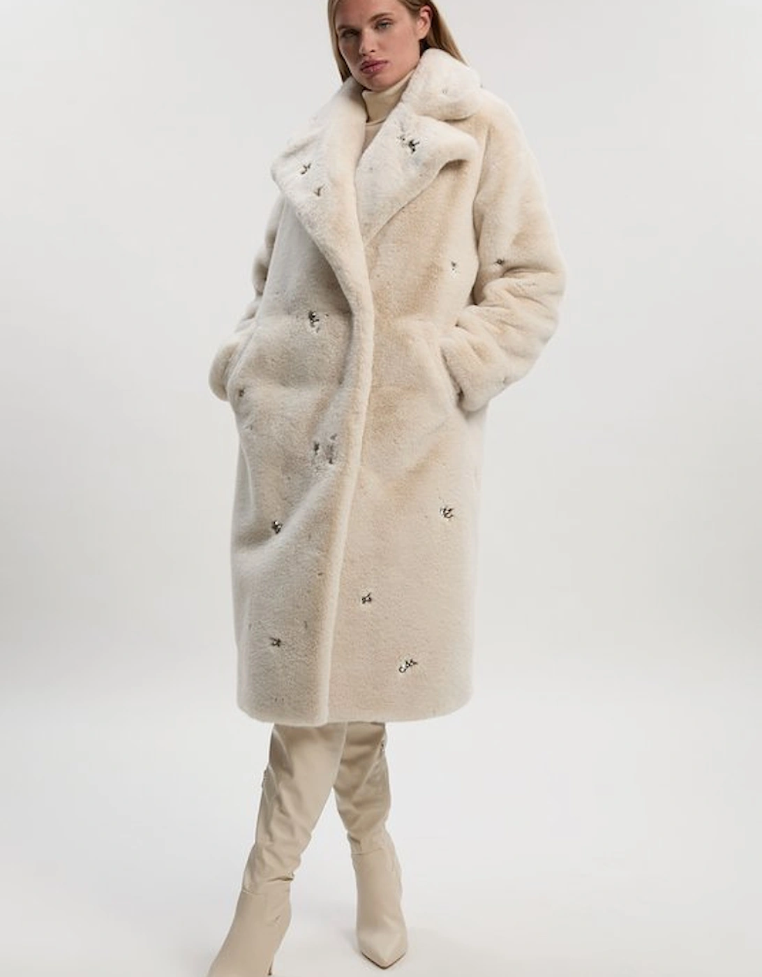 Crystal Embellished Faux Fur Long Coat, 5 of 4
