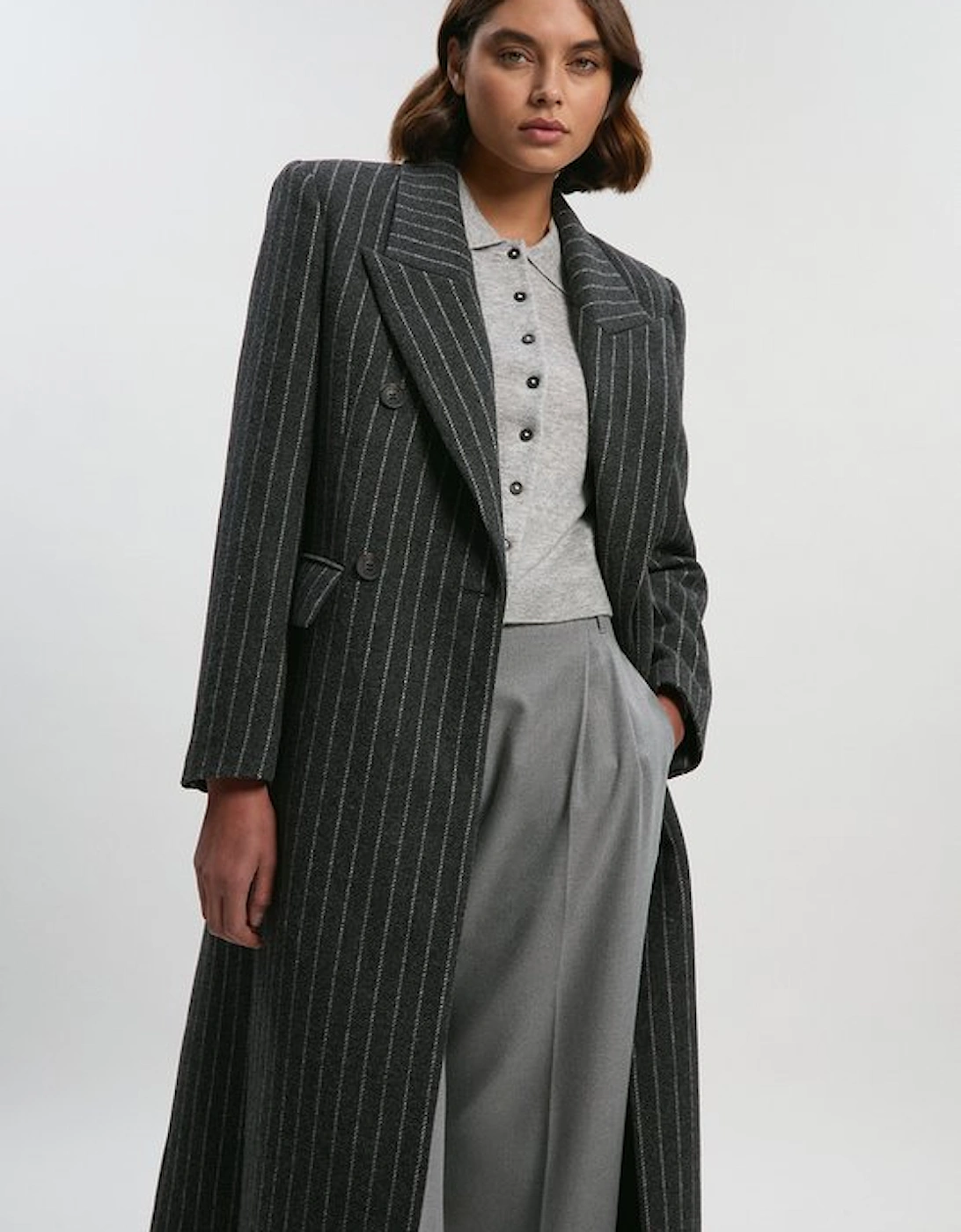 Petite Brushed Wool Pinstripe Oversized Double Breasted Tailored Maxi Coat