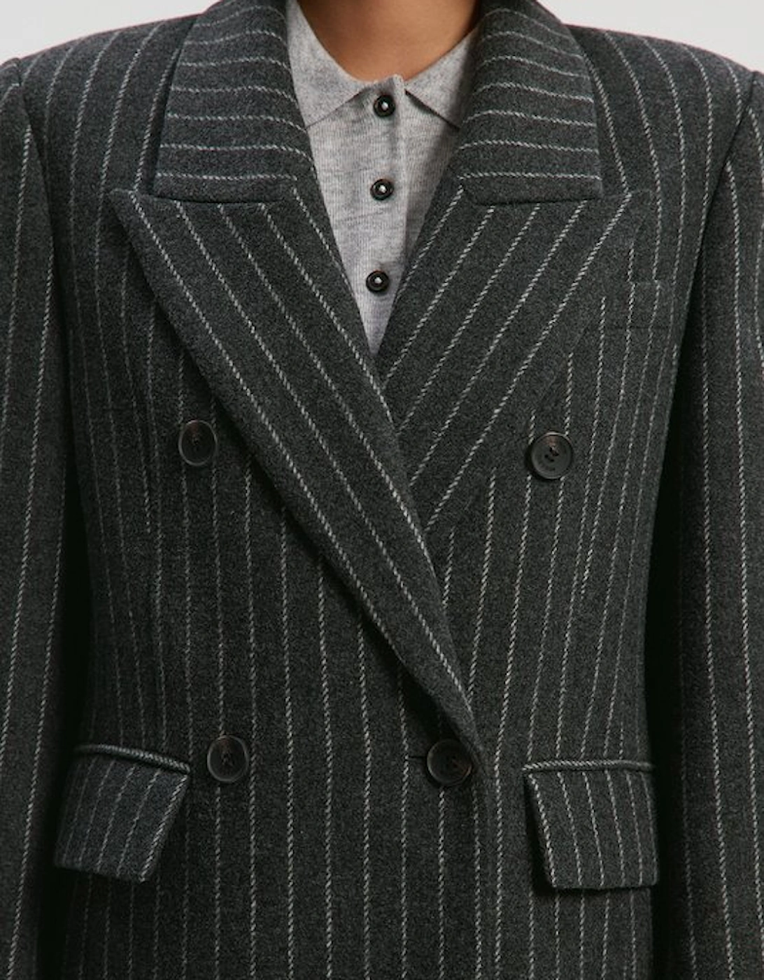 Petite Brushed Wool Pinstripe Oversized Double Breasted Tailored Maxi Coat