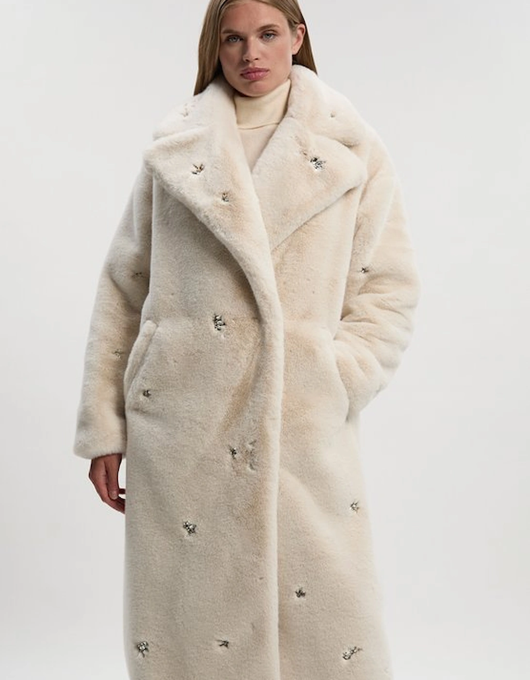 Crystal Embellished Faux Fur Long Coat