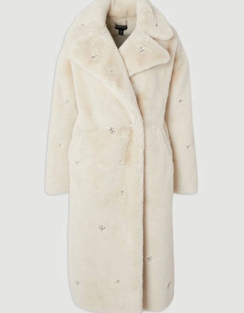 Crystal Embellished Faux Fur Long Coat