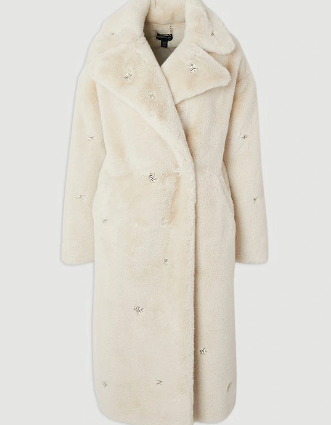 Crystal Embellished Faux Fur Long Coat