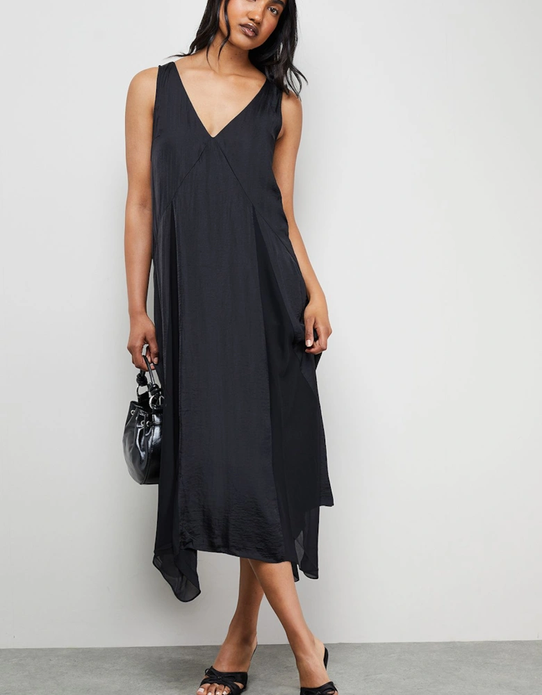 Satin Sleeveless Asymmetric Hem Chiffon Godet Midi Dress